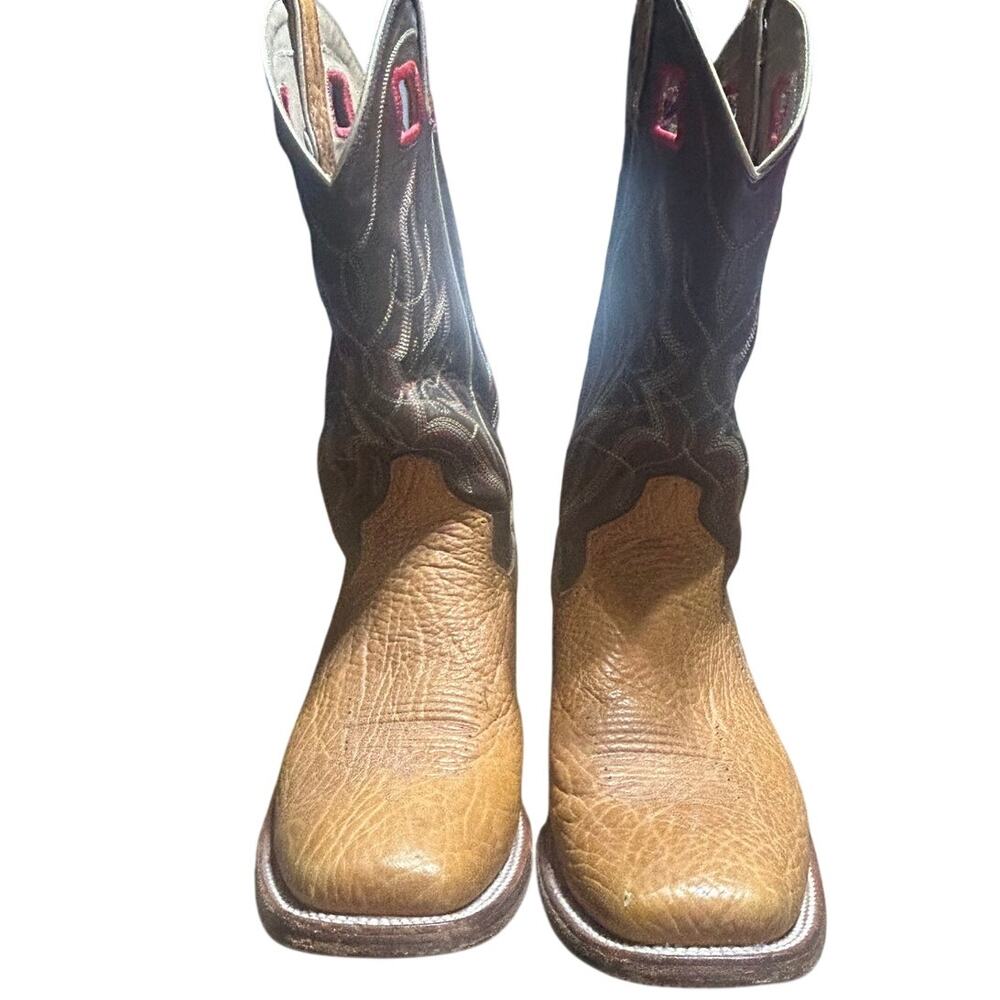 Double H two tone square toe western boots tan leather vamp dark brown shaft 13D - Picture 2 of 10